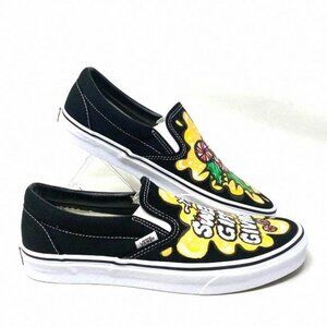 VANS Slip On Sneakers Canvas Yellow Black Men's Skate Alsu01247 Custom Top Low